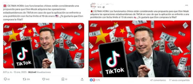 <em>Desinformación sobre TikTok y Elon Musk. Foto: captura de X / Facebook</em>   