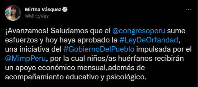 Mirtha Vásquez saluda aprobación de la Ley de orfandad. Foto: Captura de Twitter