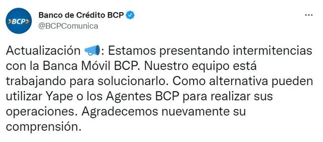 Bcp comunica a sus usuarios que siguen con problemas en su banca móvil. Foto: captura.