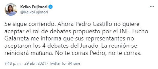 Tuit de Keiko Fujimori criticando a Pedro Castillo.