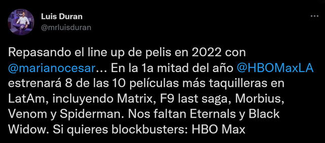 El gerente general de HBO Max en Latinoamérica, Luis Duran, confirma estreno de No way home en el streaming. Foto: captura de Twitter