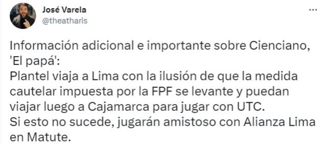 Alianza Lima jugaría un amistoso contra Cienciano. Foto: @theatharis/Twitter   