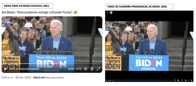 Comparación entre el video viral actual (izquierda) y transmisión en vivo de discurso de Joe Biden en el 2020 (derecha). Foto: composición LR/Twitter/Facebook.   