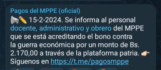 Anuncio del Bono de Guerra Económica de febrero 2024 para los trabajadores activos del Ministerio de Educación. Foto: Pagos MPPE   