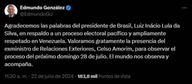 Edmundo Gonzáles agradeció el pronunciamiento de Lula da Silva por su cuenta de X. Foto: @EdmundoGU/X. 