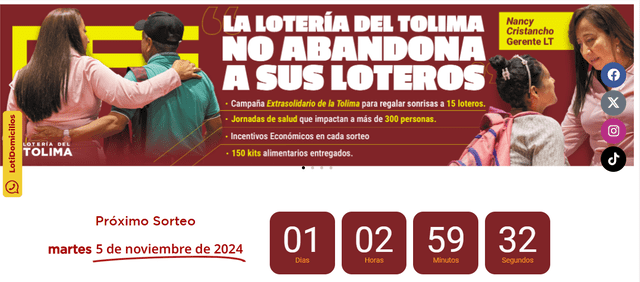 La Lotería del Tolima llevará a cabo su próximo sorteo el 5 de noviembre. Foto: Lotería del Tolima