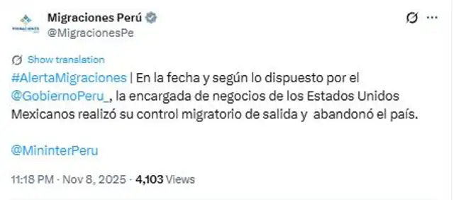 Comunicado de Migraciones en su cuenta oficial de X. Comunicado de Migraciones en su cuenta oficial de X.