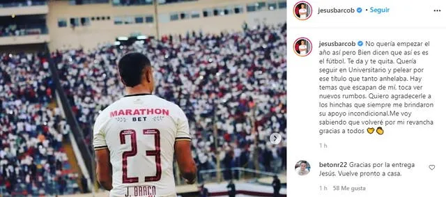 Mensaje de Jesús Barco en Instagram donde confirma que no seguirá en Universitario. Foto: Instagram - Jesús Barco