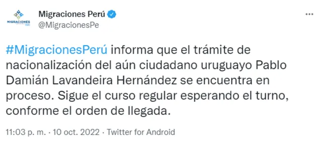 Publicación de Migraciones Perú. Foto: captura de Twitter