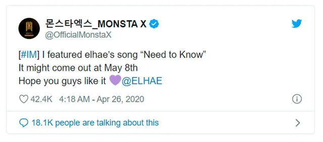 Tweet de I,M. anunciando su tema colaborativo con Elhae. Twitter, 26 de abril del 2020.