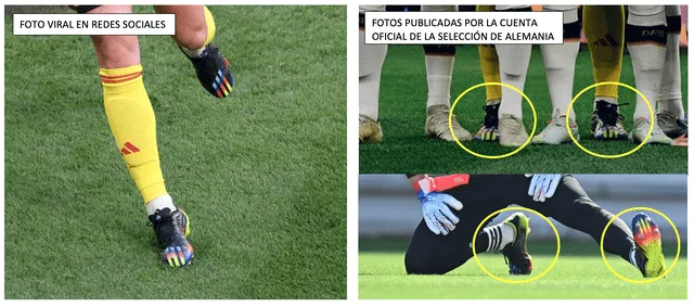 Comparación entre las zapatillas de la imagen viral (izquierda) y los chimpunes con los que aparece el arquero en la cuenta oficial del equipo de Alemania (derecha). Foto: composición LR/Facebook/Twitter.