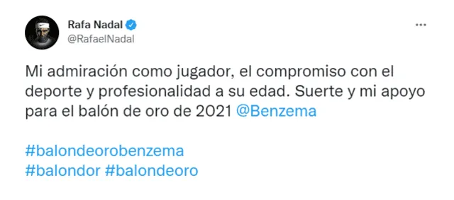 Mensaje de apoyo de Nadal a Karim Benzema. Foto: Captura Twitter
