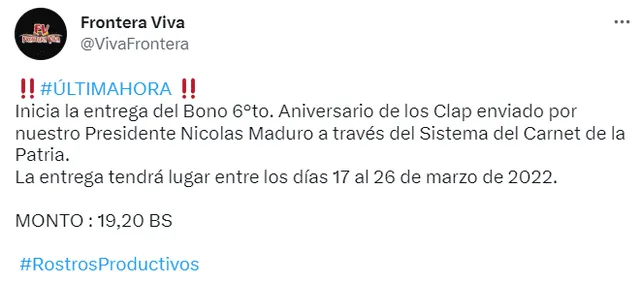  El monto por el Bono CLAP fue de 19,20 bolívares en el 2022. Foto: VivaFrontera/ Twitter   