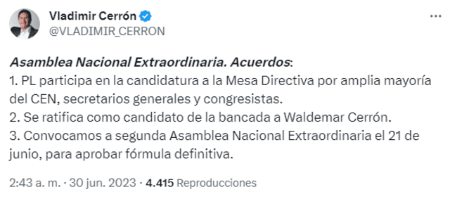 Vladimir Cerrón adelantó que Waldemar Cerrón es candidato a la Mesa Directiva. Foto: captura Twitter. 