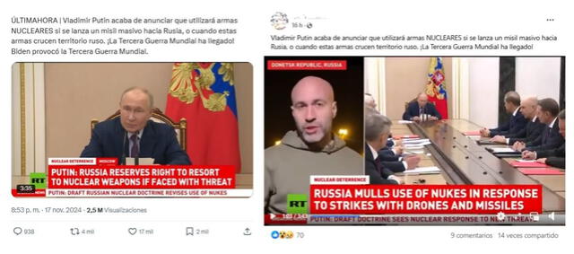 <em> Publicaciones virales asociadas a Vladimir Putin. Foto: captura de X / Facebook</em>   