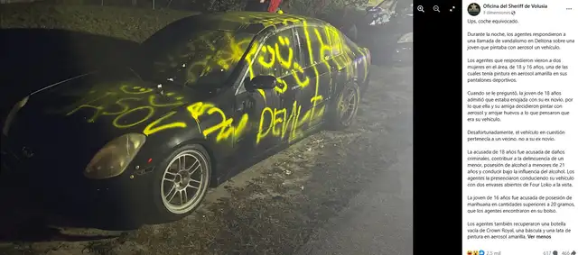 La Oficina del Sheriff de Volusia publicó el caso de la joven de Florida en su página de Facebook. Foto: Facebook. La Oficina del Sheriff de Volusia publicó el caso de la joven de Florida en su página de Facebook. Foto: Facebook.