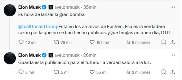 Elon Musk aseguró a través de X que Trump está en los archivos Epstein. Elon Musk aseguró a través de X que Trump está en los archivos Epstein.