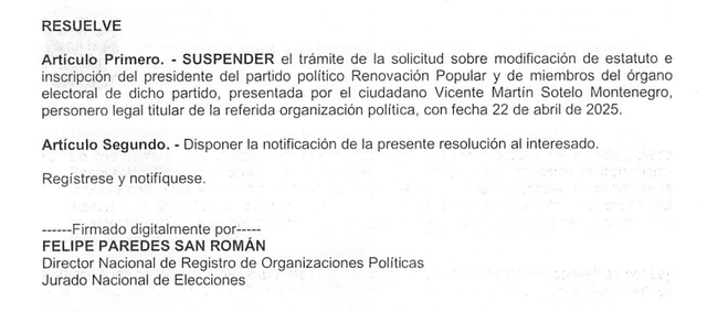 EL JNE suspendió el trámite de solicitud para modificar el estatuto de Renovación Popular. Foto: JNE 