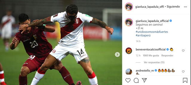 La publicación de Gianluca Lapadula luego de la victoria de Perú sobre la Vinotinto. Foto: captura Instagram