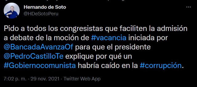 Hernando de Soto anuncia su apoyo a la vacancia presidencial promovida por Patricia Chirinos. Foto: Captura de Twitter