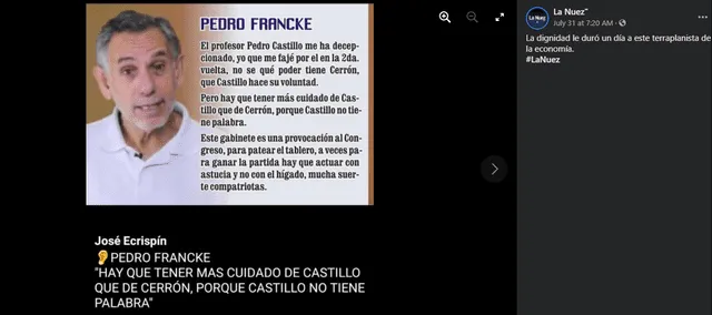 Imagen viral atribuye falsamente declaraciones a Pedro Francke. Foto: Facebook