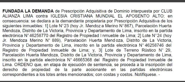 Captura de la sentencia a favor de Alianza Lima. Foto: Twitter