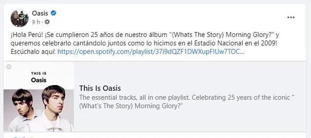 Publicación de Oasis en sus redes sociales. Foto: captura de Facebook