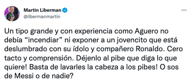 Respuesta de Martín Liberman al Kun. Foto: captura Twitter Martín Liberman