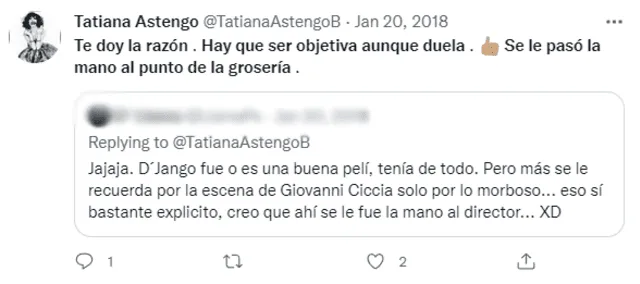 Tatiana Astengo respondió a un comentario crítico sobre la película Django.