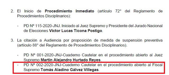 Decisión de la Junta Nacional de Justicia convocando audiencia para evaluar suspensión preventiva de Tomás Gálvez.