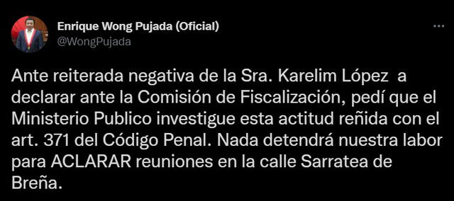 Enrique Wong pide que Fiscalía investigue a Karelim López por negarse de responder ante Fiscalización. Foto: captura de Twitter
