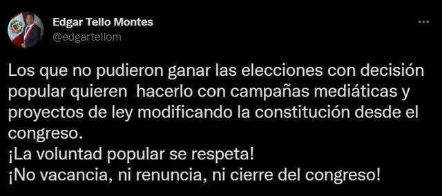 Edgar Tello se pronuncia en contra de una posible renuncia del presidente Castillo. Foto: captura de Twitter