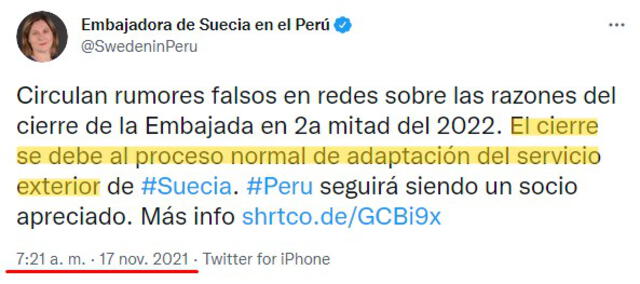 Tuit de la embajadora de Suecia en Perú en el que aclara las razones del cierre de la embajada sueca. FOTO: Captura de Twitter.