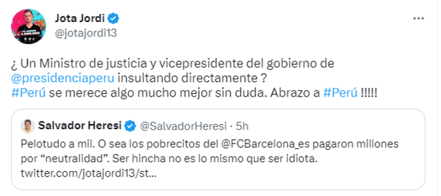 Tuit donde Jota Jordi le responde a Salvador Heresi. Foto: captura Twitter @jotajordi13   