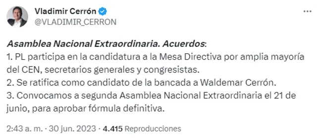  Vladimir Cerrón hizo el anuncio mediante su cuenta de Twitter. Foto: captura de Twitter/@Vladimir_Cerron 