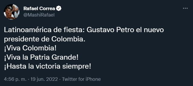 Rafael Correa felicita a Gustavo Petro.