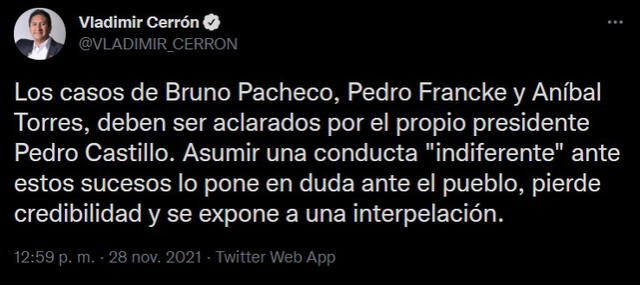 Vladimir Cerrón envía tuit al presidente Pedro Castillo donde le pide no ser indiferente a críticas a su entorno. Foto: Captura de Twitter