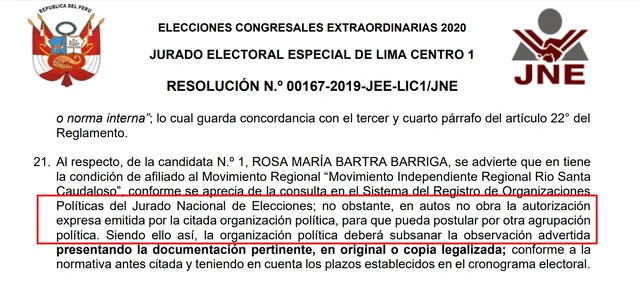 Resolución del Jurado Electoral Especial que declara inadmisible la inscripción de la lista de Solidaridad Nacional.
