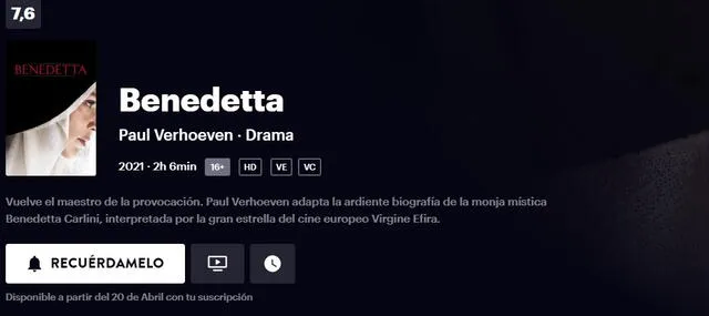  "Benedetta" se estrenará en Filmin el 20 de abril. Foto: captura de Filmin   