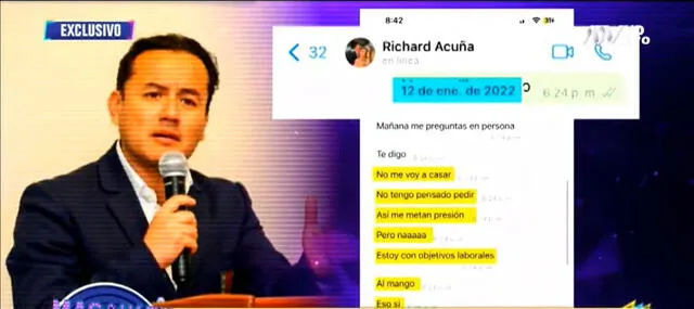 Conversación de WhatsApp sostenida entre Richard Acuña y Camila Ganoza. Foto: captura ATV   