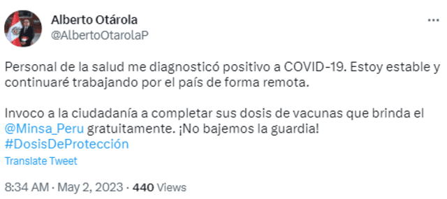  Alberto Otárola pidió a la población completar sus dosis de vacuna. Foto: Twitter   