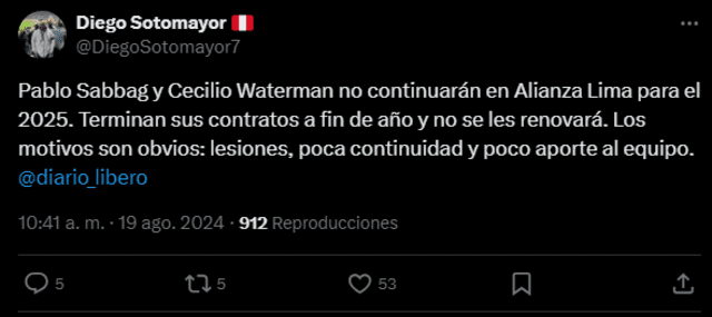  Pablo Sabbag y Cecilio Waterman dejarán Alianza Lima. Foto: captura de X/Diego Sotomayor   