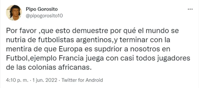 Así fue el tweet de exjugador de la selección argentina. Foto: Pipo Gorosito/Twitter.