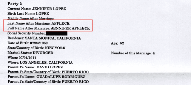 Licencia de matrimonio de Jennifer Lopez y Ben Affleck.