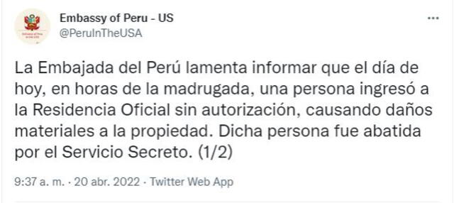 Comunicado de la embajada peruana en Estados Unidos. Foto: captura de Twitter