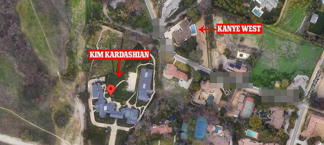 La ubicación de la nueva propiedad de Kanye West en relación al hogar de Kim Kardashian. Foto: Daily Mail