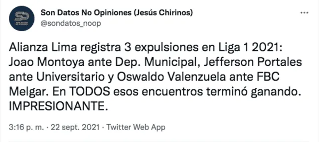 Alianza Lima se ubica en el primer lugar de la tabla acumulada de la Liga 1 Betsson con 46 puntos. Foto: captura twitter Son Datos No Opiniones