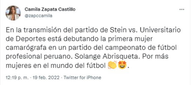 La periodista Camila Zapata dio a conocer sobre el debut de una mujer camarógrafo en el fútbol peruano.