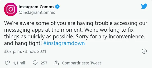 Publicación de Instagram sobre el incorrecto funcionamiento de la app. Foto: Twitter