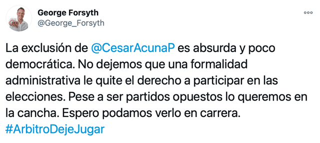 Forsyth manifiesta su postura sobre exclusión de César Acuña. Foto: captura/Twitter @George_Forsyth